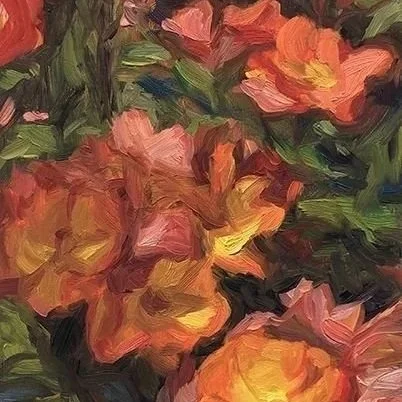 Close-up of a colorful, impressionistic painting of flowers, primarily in shades of pink, orange, yellow, and green.