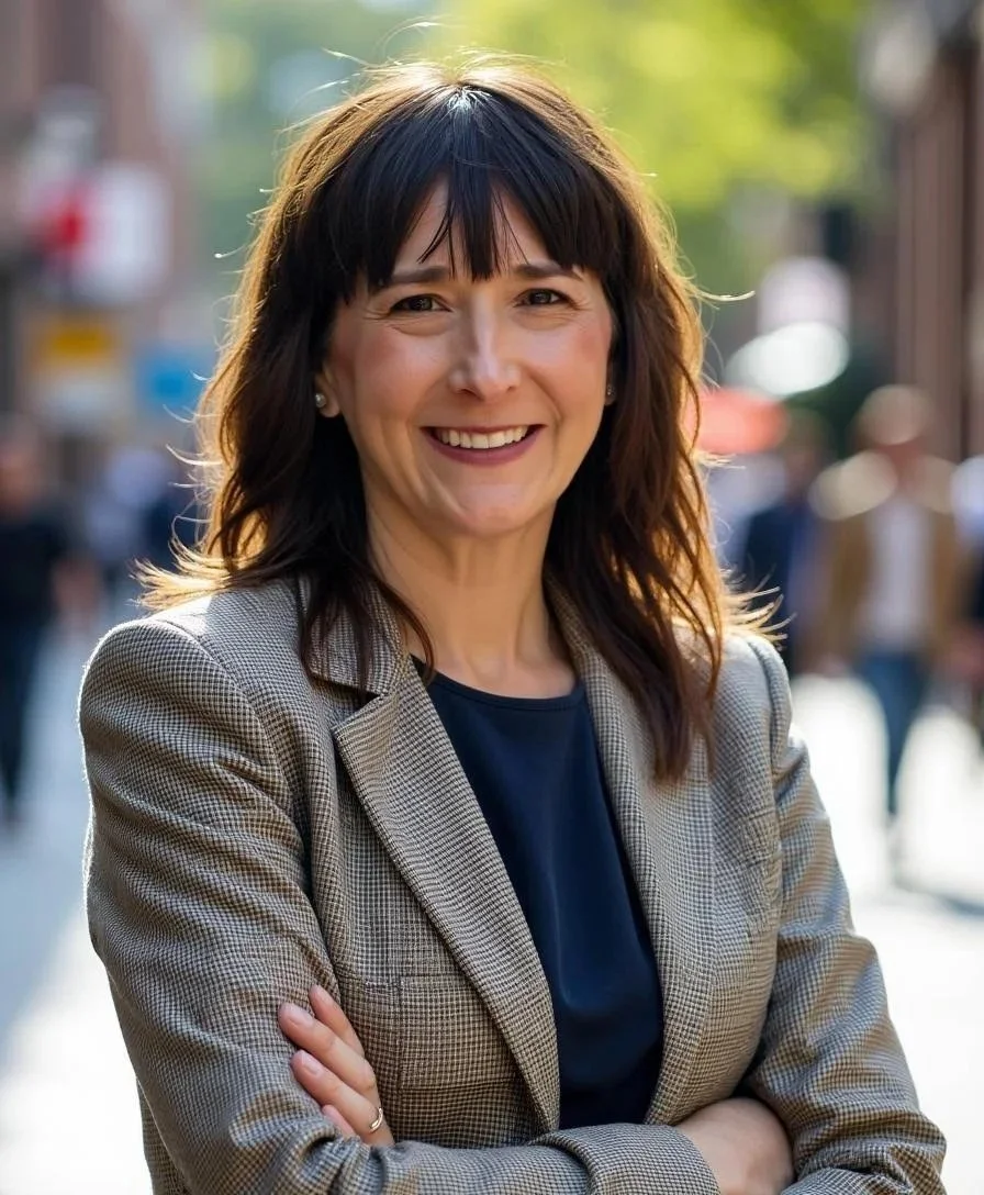 A smiling woman with shoulder-length dark hair, wearing a beige blazer and navy blouse, standing outdoors on a busy street with blurred people and trees in the background.