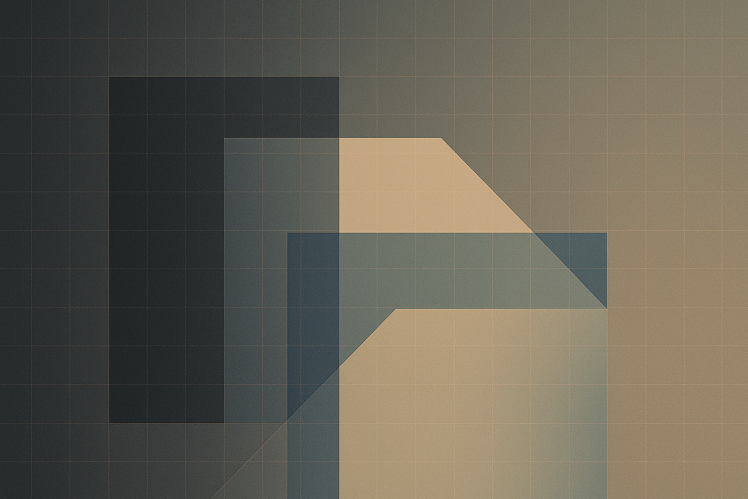Blueprint-style geometric design in FD3’s navy-teal-beige palette with layered rectangles and angled shapes, conveying repeatable frameworks and structured solutions.