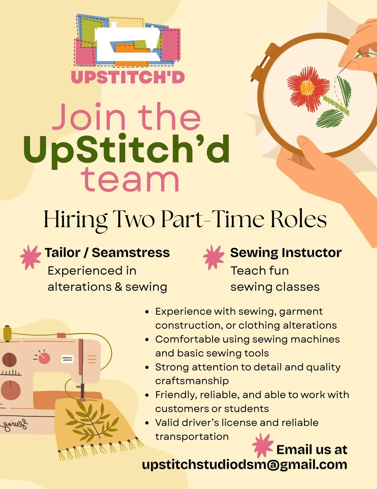 BIG NEWS &mdash; we&rsquo;re growing ✂️

UpStitch&rsquo;d is looking for someone to join the team! If you love sewing, creativity, and community, we want to hear from you.

Tag someone you think would be great for the role! 

Email us @ upstitchstudi