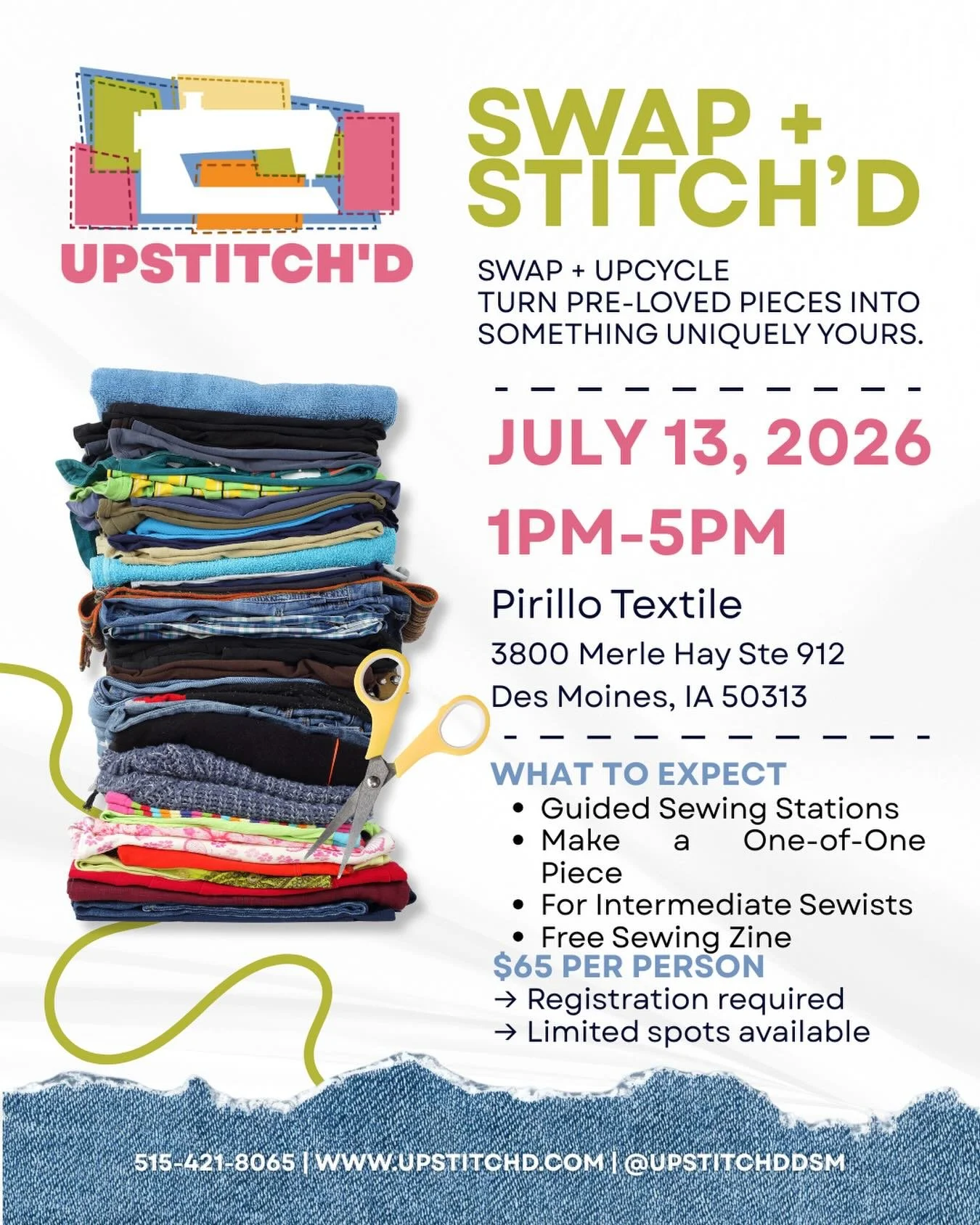 It&rsquo;s official!

Our SWAP + STITCH&rsquo;D event has been rescheduled!

Join us on July 13th from 1PM&ndash;5PM @pirillotextile for an afternoon of creativity, upcycling, and sewing community.

Bring your pre-loved pieces and transform them into