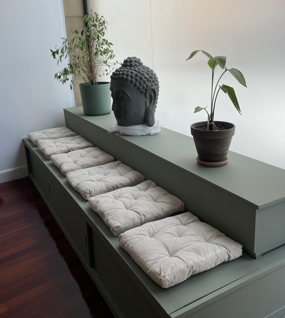 Estantería con tres plantas y una cabeza de Buda de escultura, junto a un banco con cojines en un espacio interior.