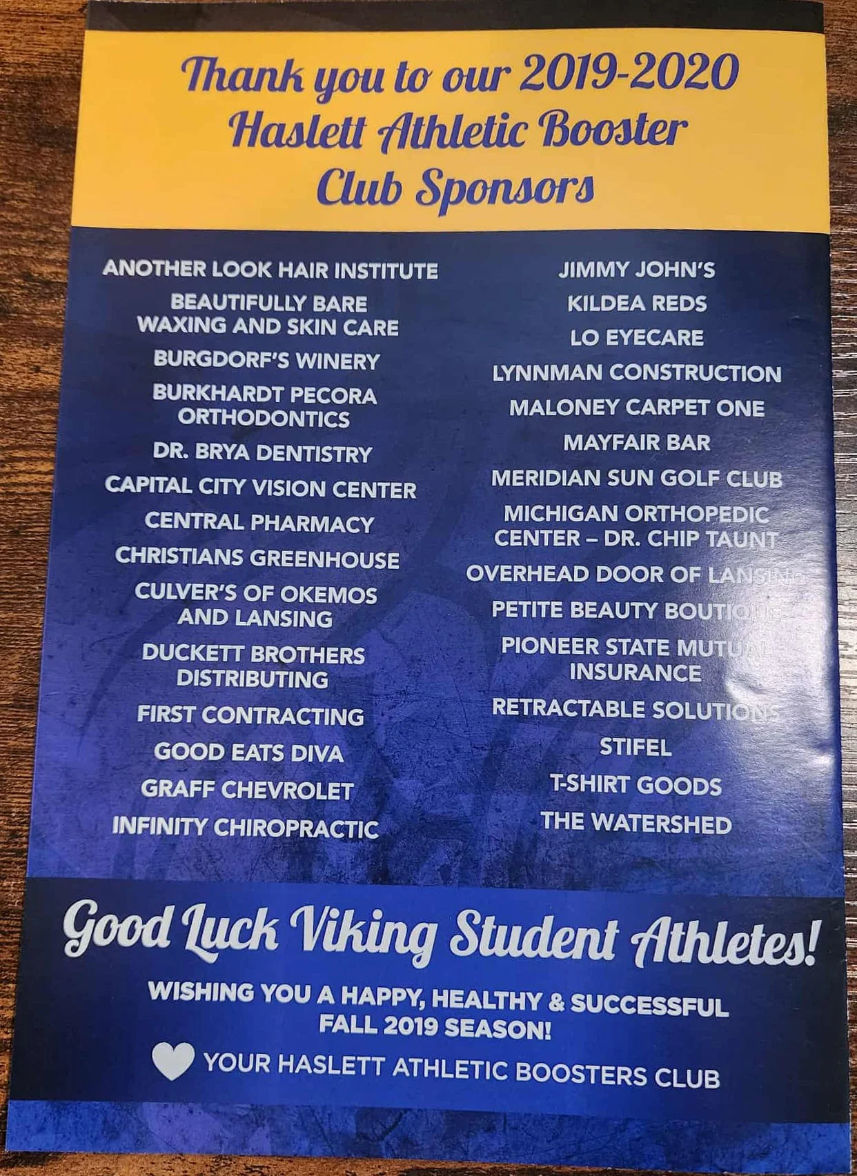 Haslett High School Athletic Boosters Program Back
