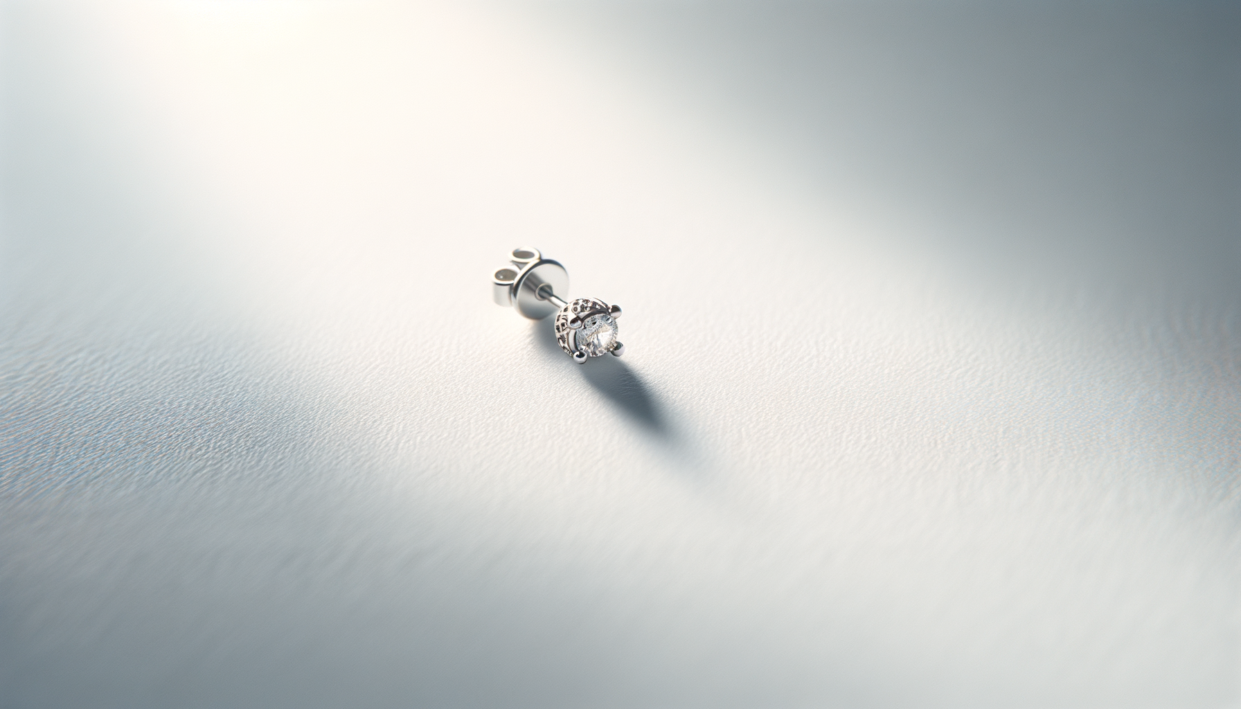 Close-up of a single silver earring with a clear gemstone, lying on a textured light-colored surface, casting a shadow.