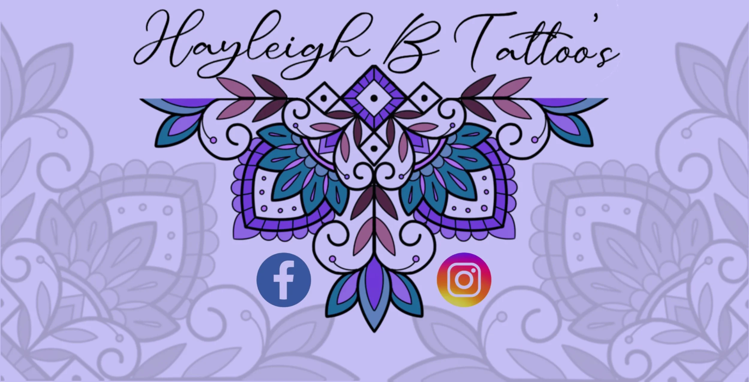 Business card for Hayleigh B Tattoos featuring a purple and blue mandala design, with Facebook and Instagram icons and stylized cursive text.