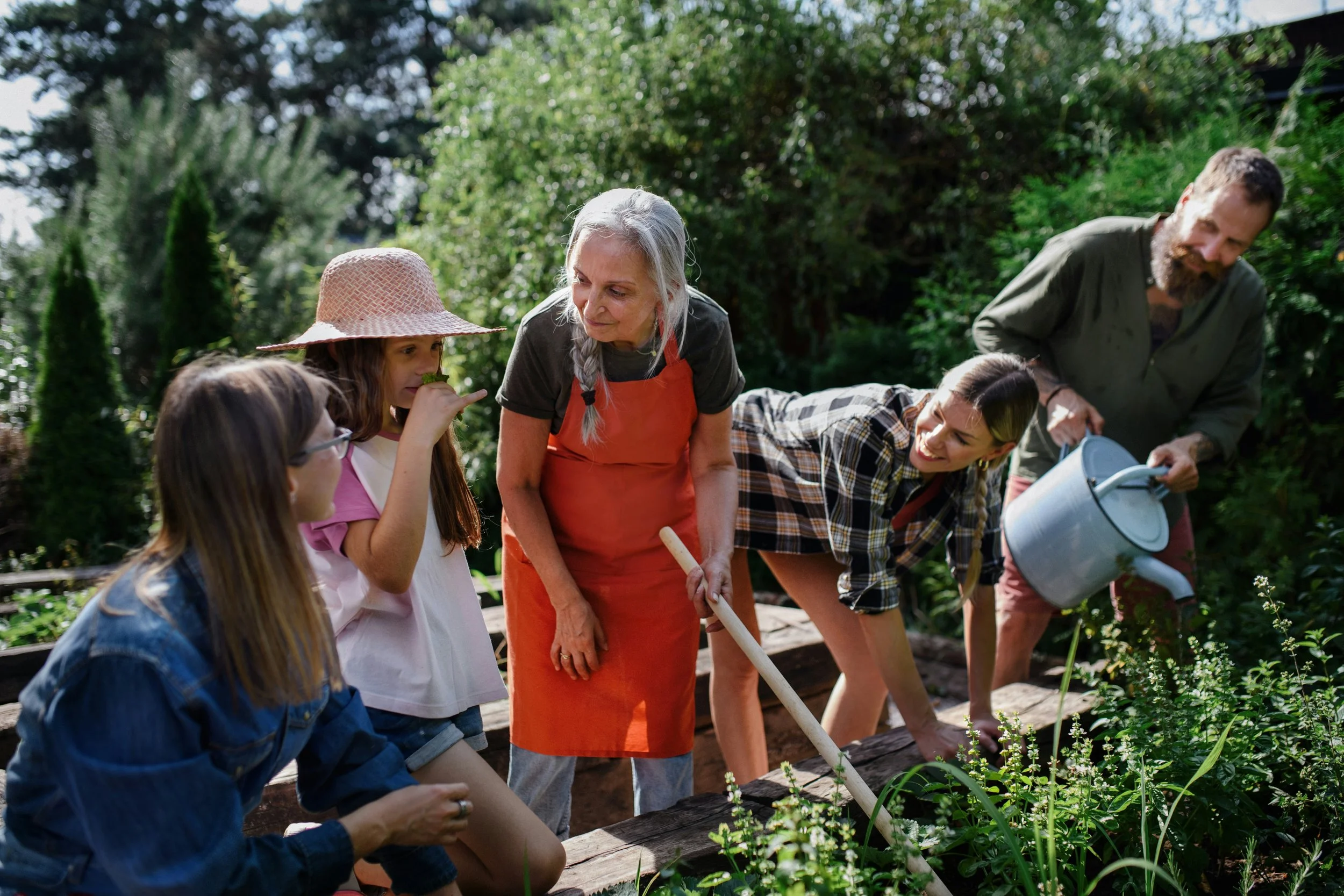 A multigenerational family gardening together outdoors, with elderly woman and kids planting and watering plants.