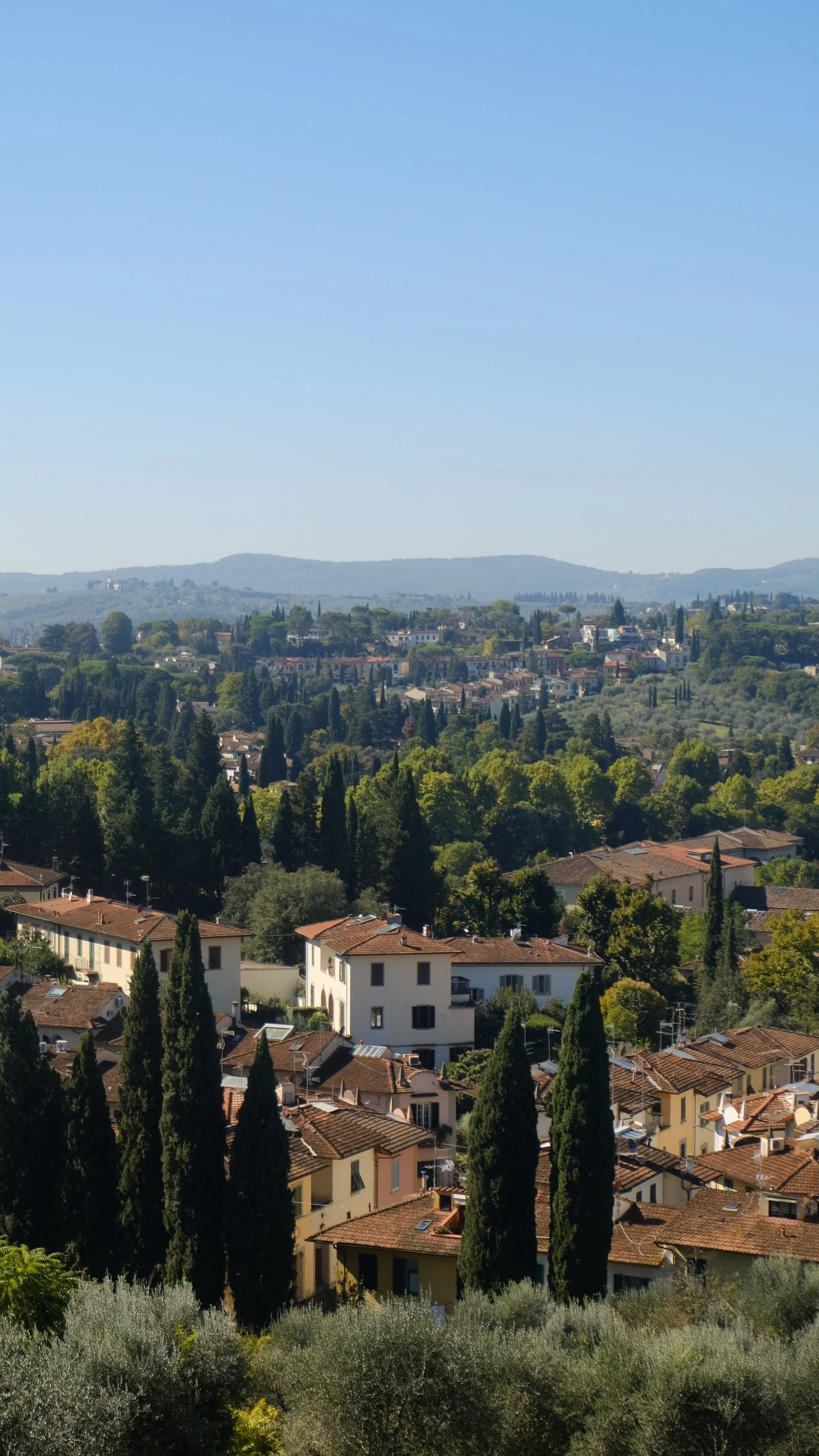 A scenic view of a hillside town with trees and houses under a clear blue sky.