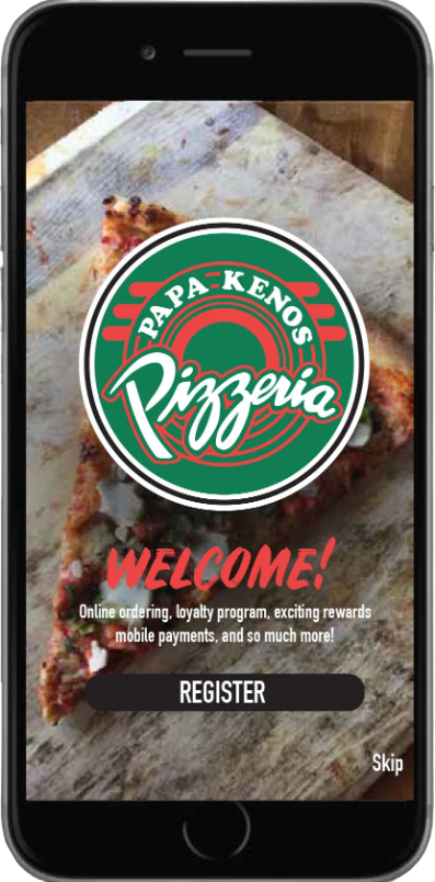 A smartphone screen displaying the Papa-Kenos Pizzeria app, with a background image of pizza and the Papa-Kenos logo overlaid, along with welcome text and a registration button.