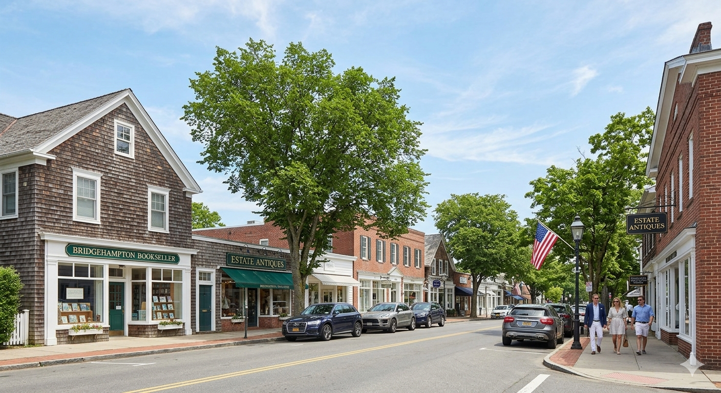 A small town street with shops, including a bookstore and an antiques store, trees lining the sidewalk, cars parked along the curb, and three people walking on the sidewalk on a sunny day.