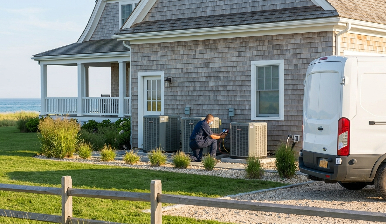 A technician working on outdoor air conditioning units near a house with a porch and ocean view.