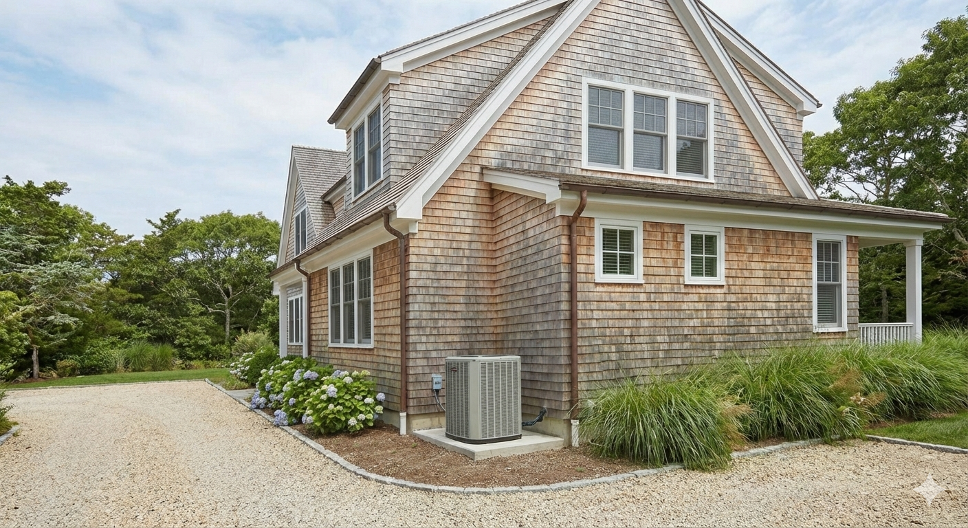 Side view of a wooden two-story house with a gravel driveway and green landscaping, including bushes and trees.