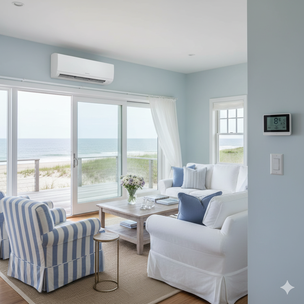 A coastal living room with large glass sliding doors showing a beach and ocean view, white and blue furniture, a coffee table with a vase of flowers, an air conditioning unit, and a digital thermostat on the wall.