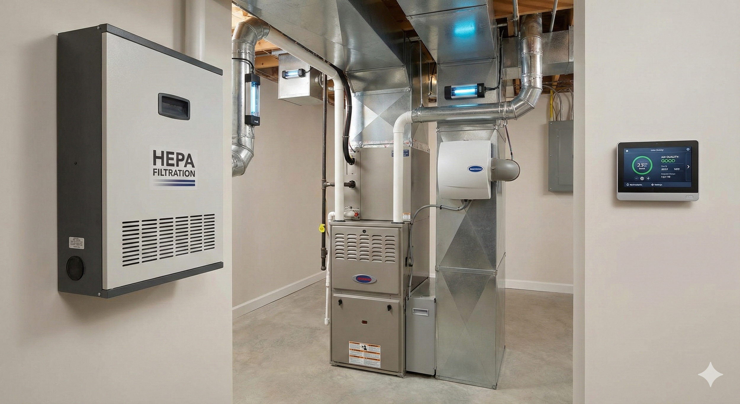 HVAC system with HEPA filtration unit, ductwork, and a digital air quality monitor on the wall.