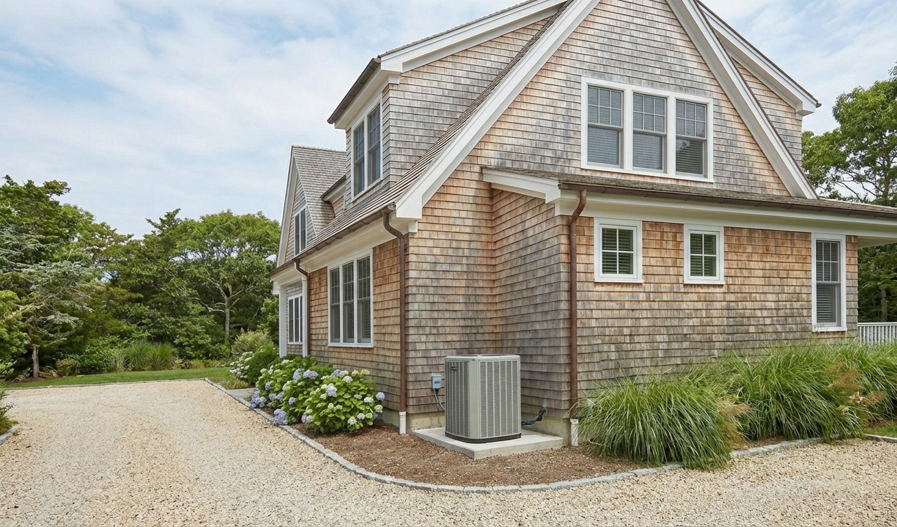 Side view of a house with wooden shingle siding, multiple windows, and an air conditioning unit outside, surrounded by landscaping and trees.