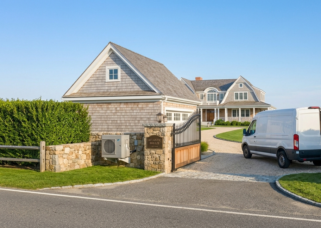 Large house with grey shingles and a wraparound porch, a white van parked on the driveway, a black iron gate at the entrance, a stone wall, and a sign reading 'Atlantic Breeze' near the gate. Green grass and bushes surround the house, under a clear blue sky.