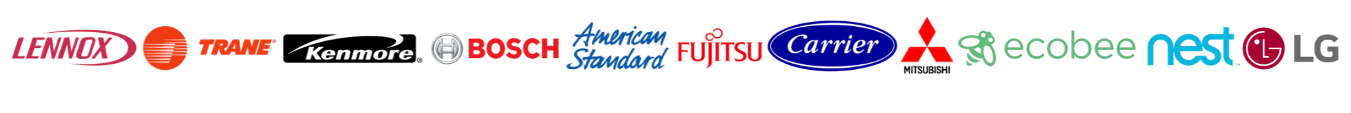 Logos of various brands, including Lennox, Trane, Kenmore, Bosch, American Standard, Fujitsu, Carrier, Mitsubishi, Ecobee, Nest, LG, and LG.