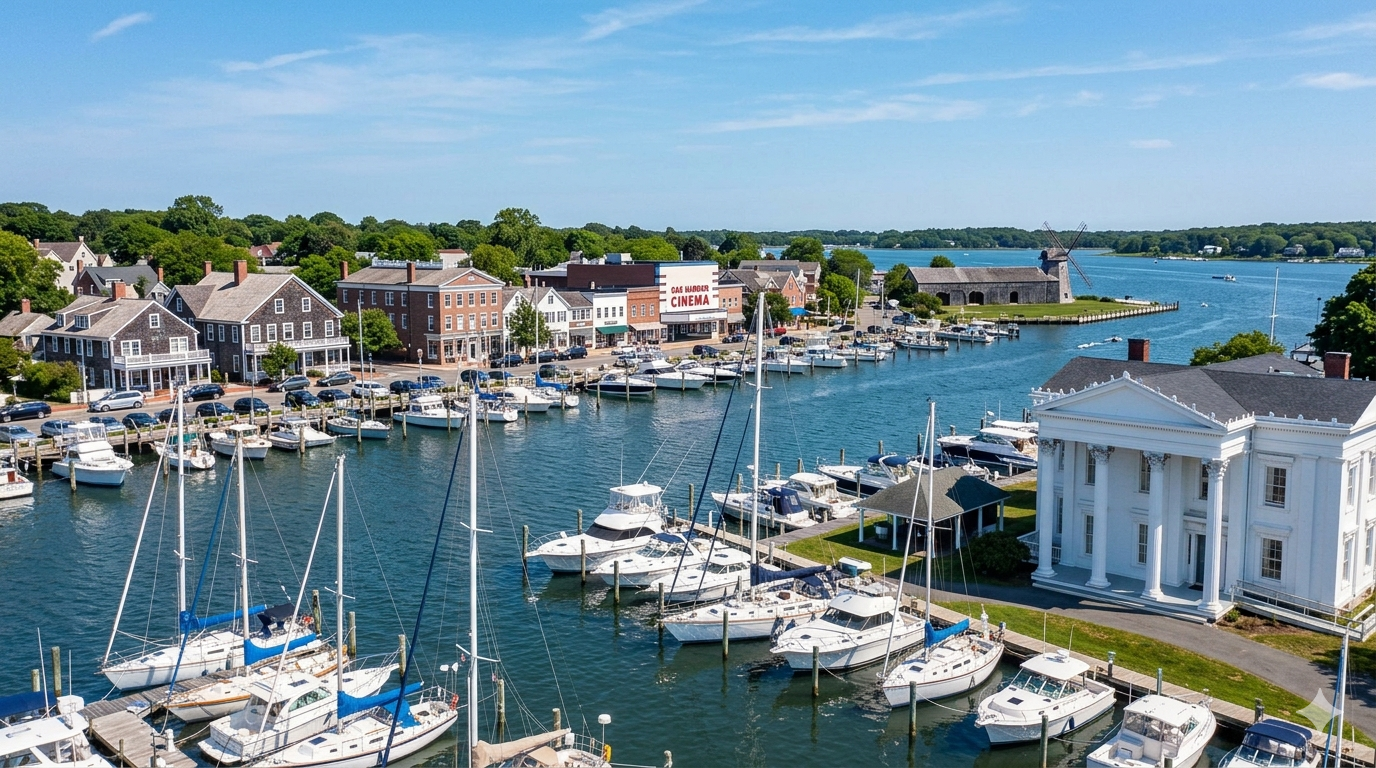 A scenic harbor view with sailboats and yachts docked, a white historic building with columns, a windmill in the distance, and a shoreline with houses and trees under a blue sky.