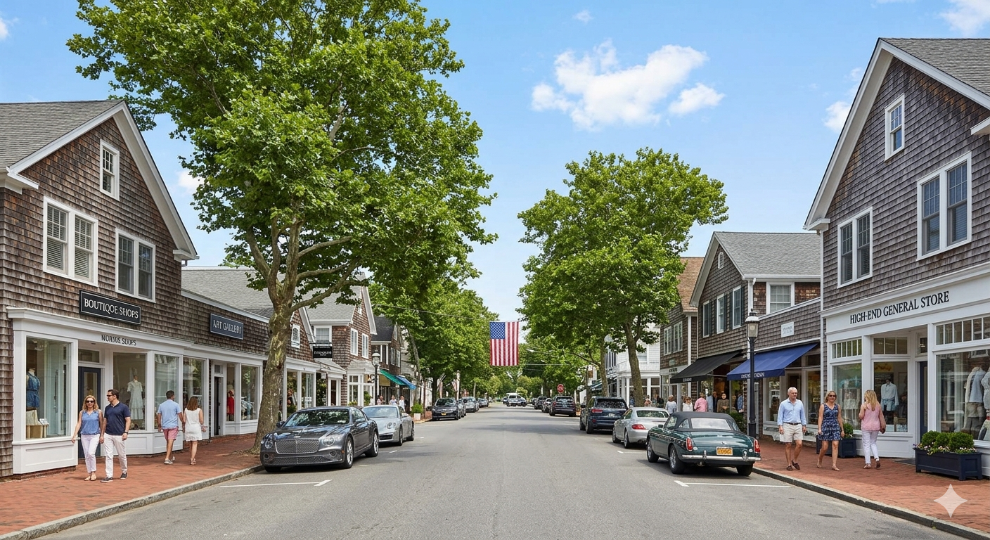 A small town street with storefronts, parked cars, and pedestrians walking on the sidewalks, with trees lining the street and an American flag hanging in the distance.