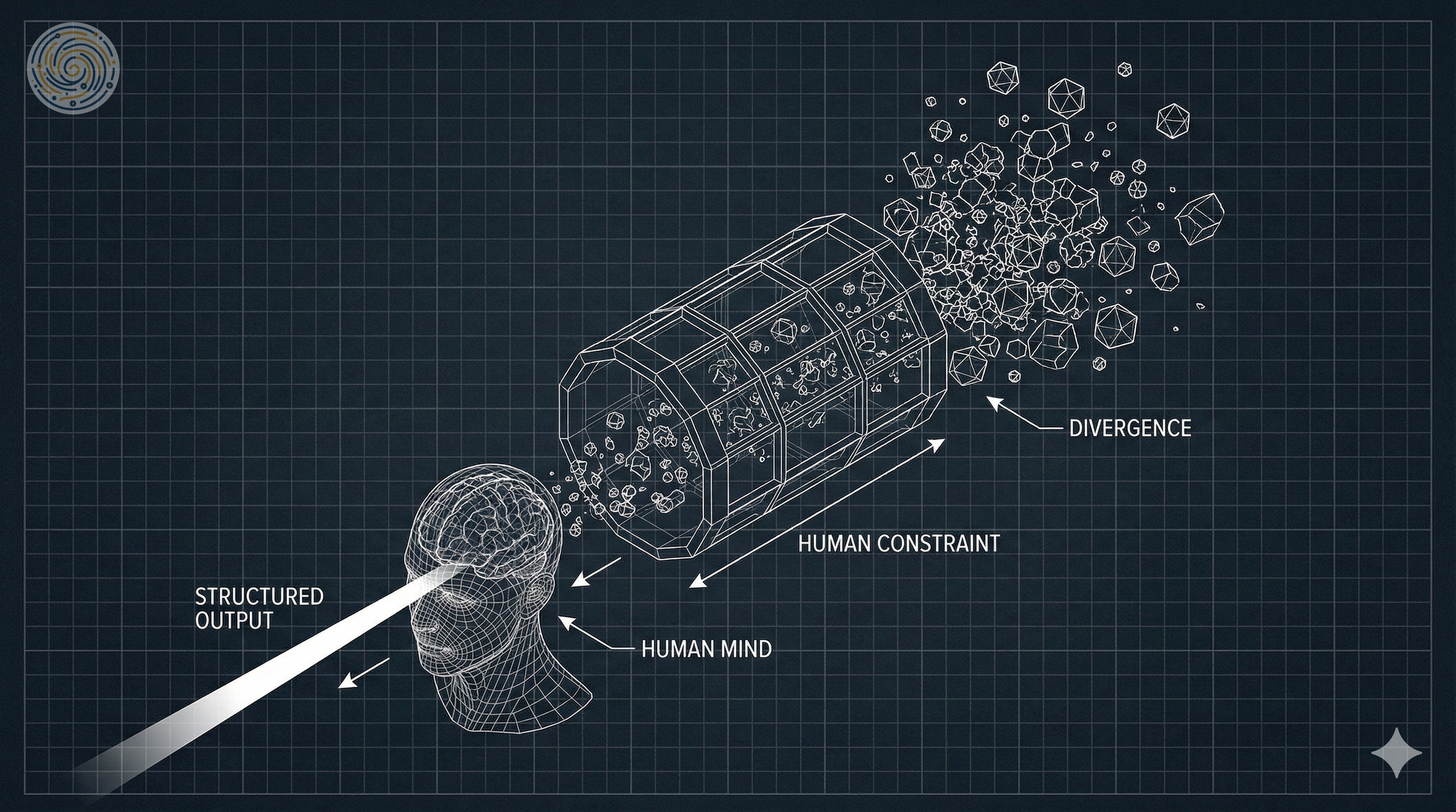 An Isometric schematic of geometrical shapes entering a tunnel of human constraints to be processed, exiting and going through the filter of the human mind before it becomes a structure output. Aeonic Chronology Logo top right corner.