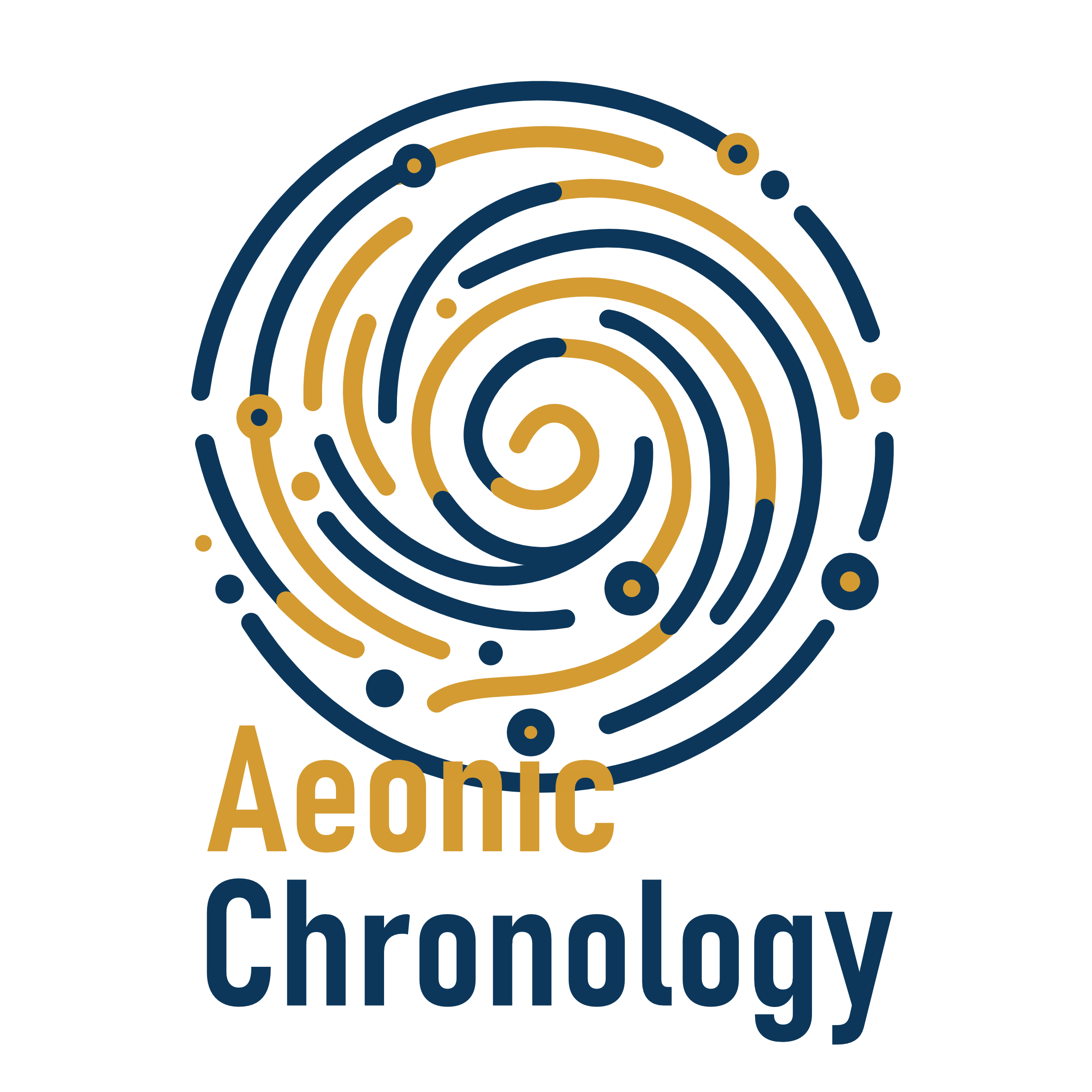 Logo for Aeonic Chronology featuring a spiral maze design in gold and blue with the text 'Aeonic Chronology' below.