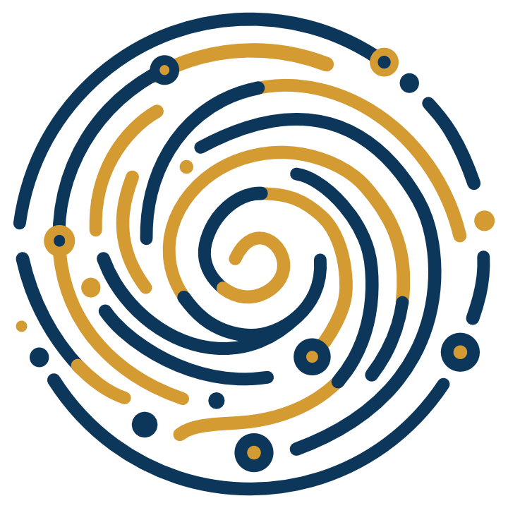 Abstract digital illustration of a spiral galaxy with blue and gold lines and dots on a black background.