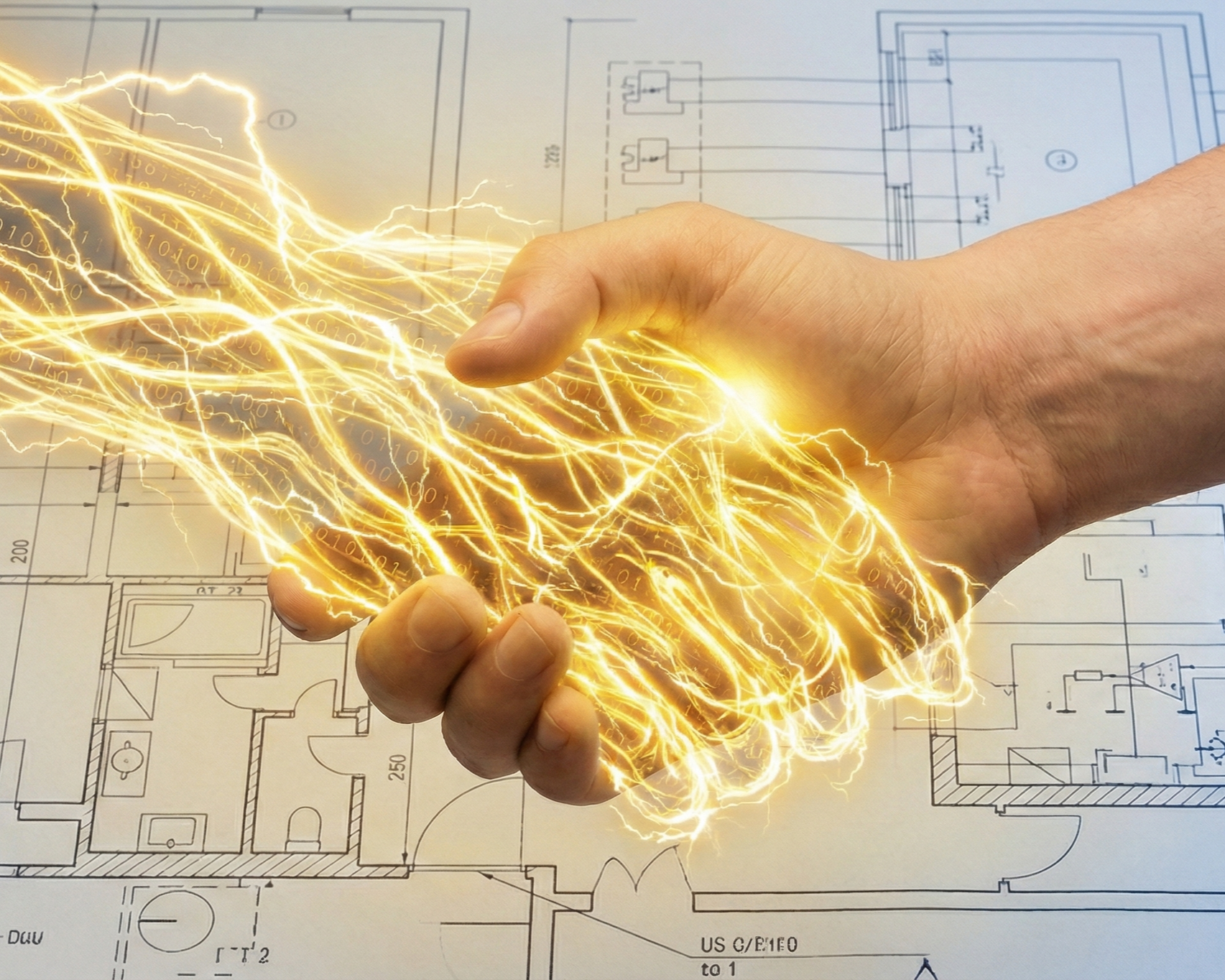 A hand holding electrical sparks over architectural blueprints and technical drawings.
