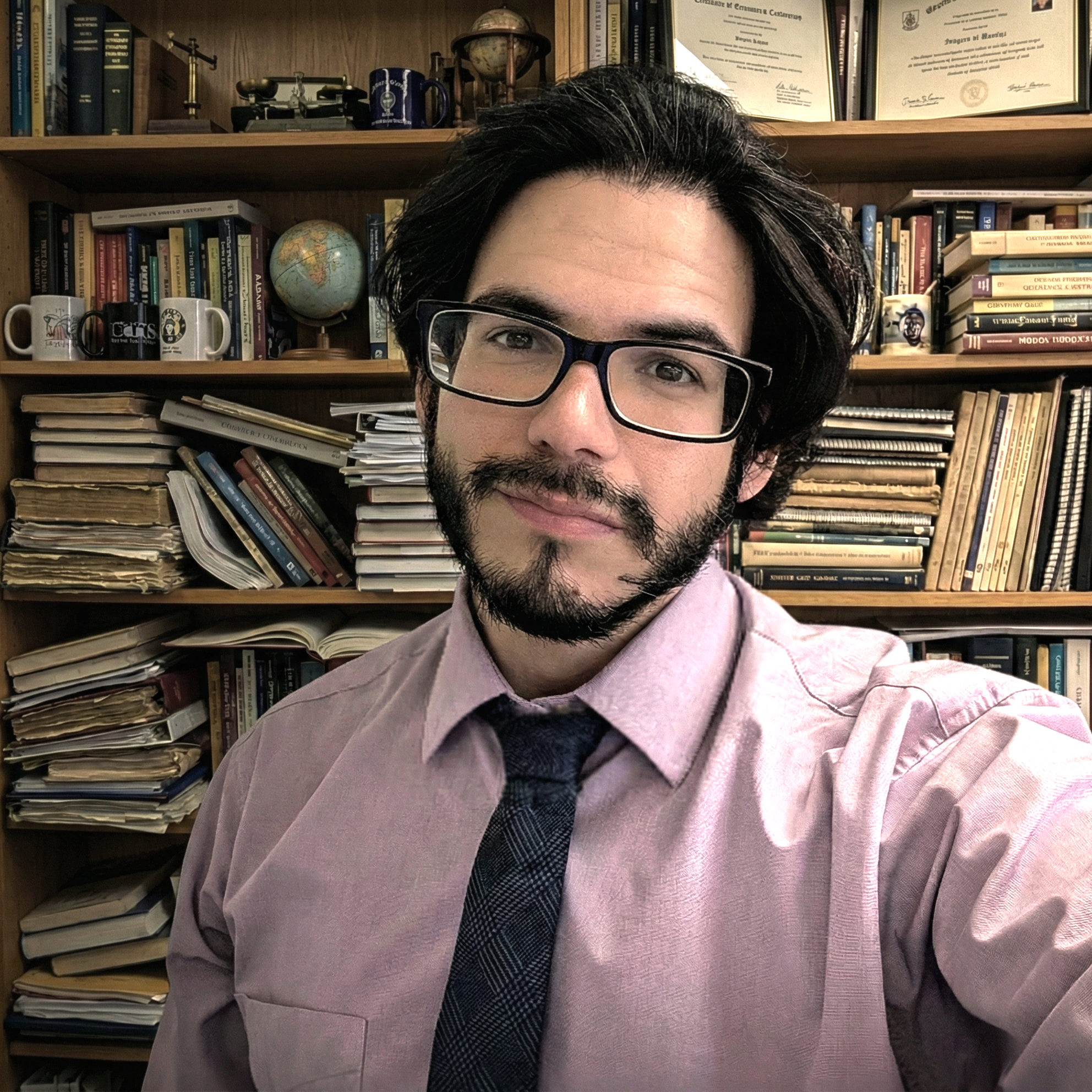 A man with dark hair, glasses, and a beard wearing a light pink shirt and a dark patterned tie, taking a selfie in front of a bookshelf filled with books, notebooks, a globe, framed certificates, and other decorative items.