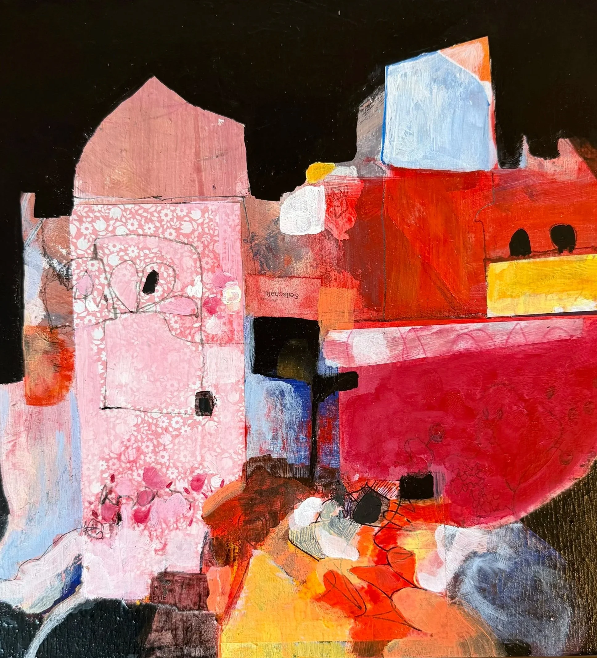 Abstract painting with pink, red, black, yellow, white, and blue colors, featuring geometric shapes and textured brushstrokes.