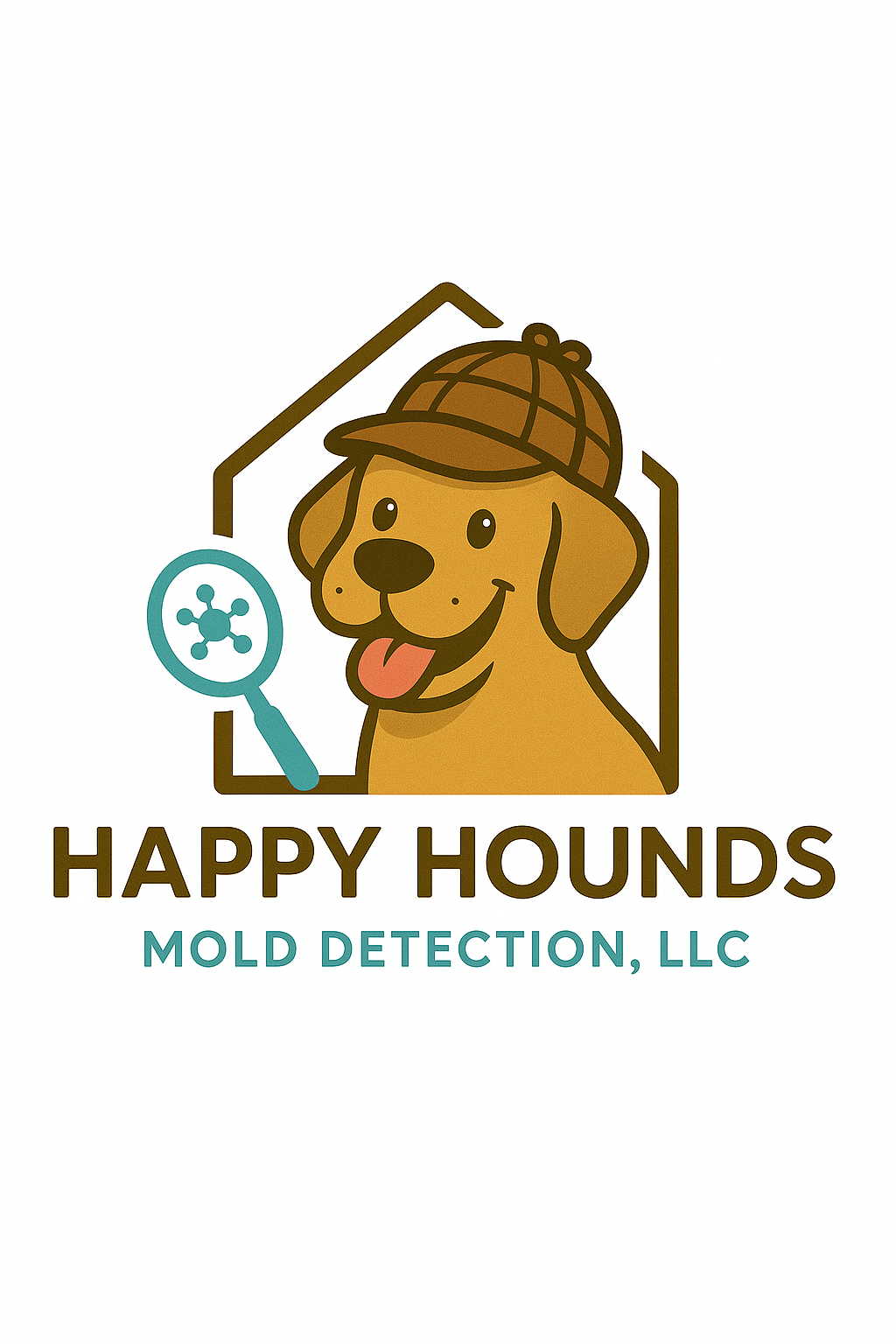 Logo for Happy Hounds Mold Detection, LLC featuring a happy dog wearing a detective's hat, with a magnifying glass showing a mold shape.