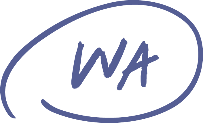 Logo with the letters "WA" inside an oval outline.