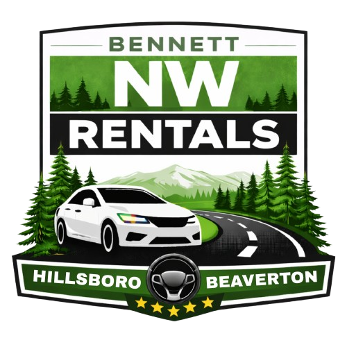 Logo for Bennett NW Rentals with a white racing car, green pine trees, mountains, and a winding road, representing Hillsboro and Beaverton in Oregon.