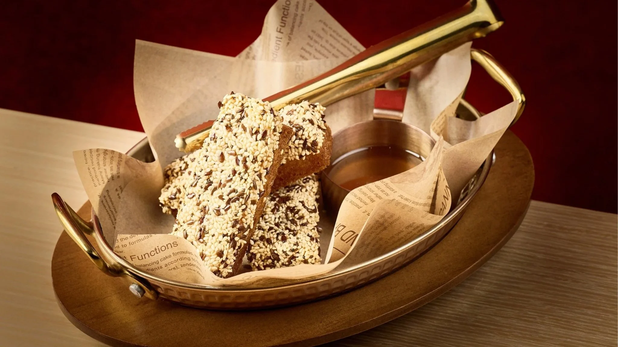Super Seeds shrimp toast with fresh shrimp, super seeds, served in a rustic presentation for a modern street food experience in LA Very Thai Westfield Century City.