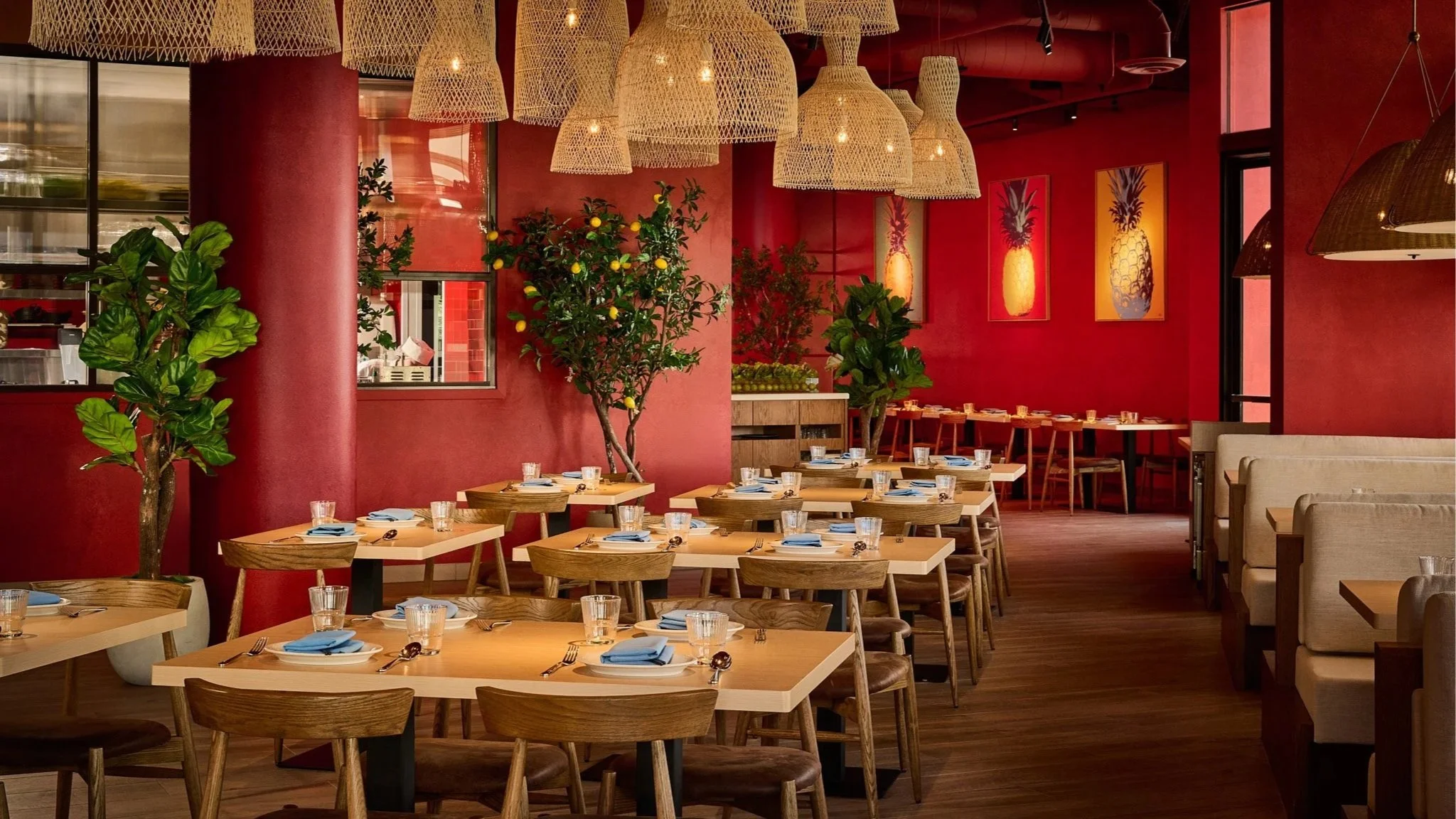 Stylish Thai restaurant interior with hanging lights and warm tones, enhancing the immersive dining experience in LA Very Thai Westfield Century City..