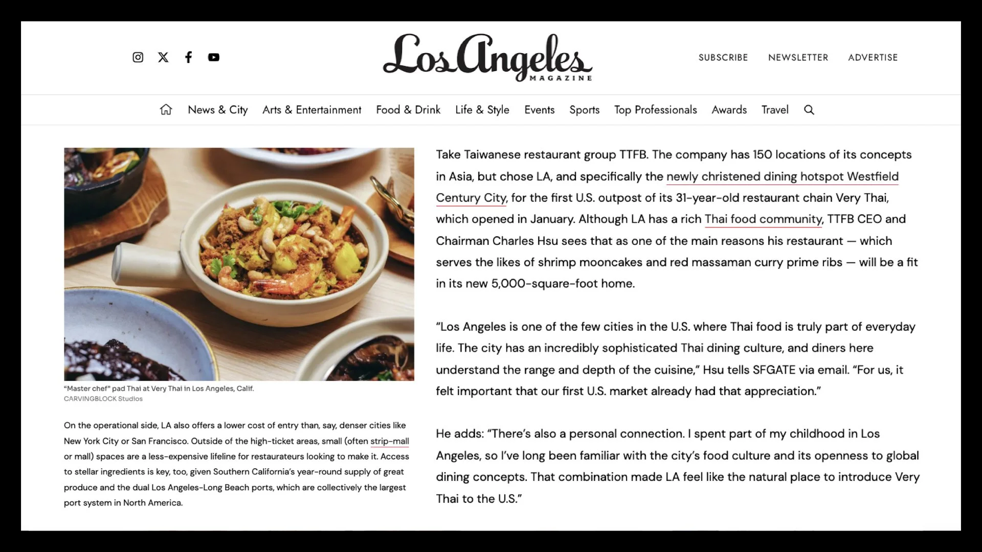 Los Angeles Magazine feature on Very Thai highlighting Thai cuisine and restaurant expansion in LA
