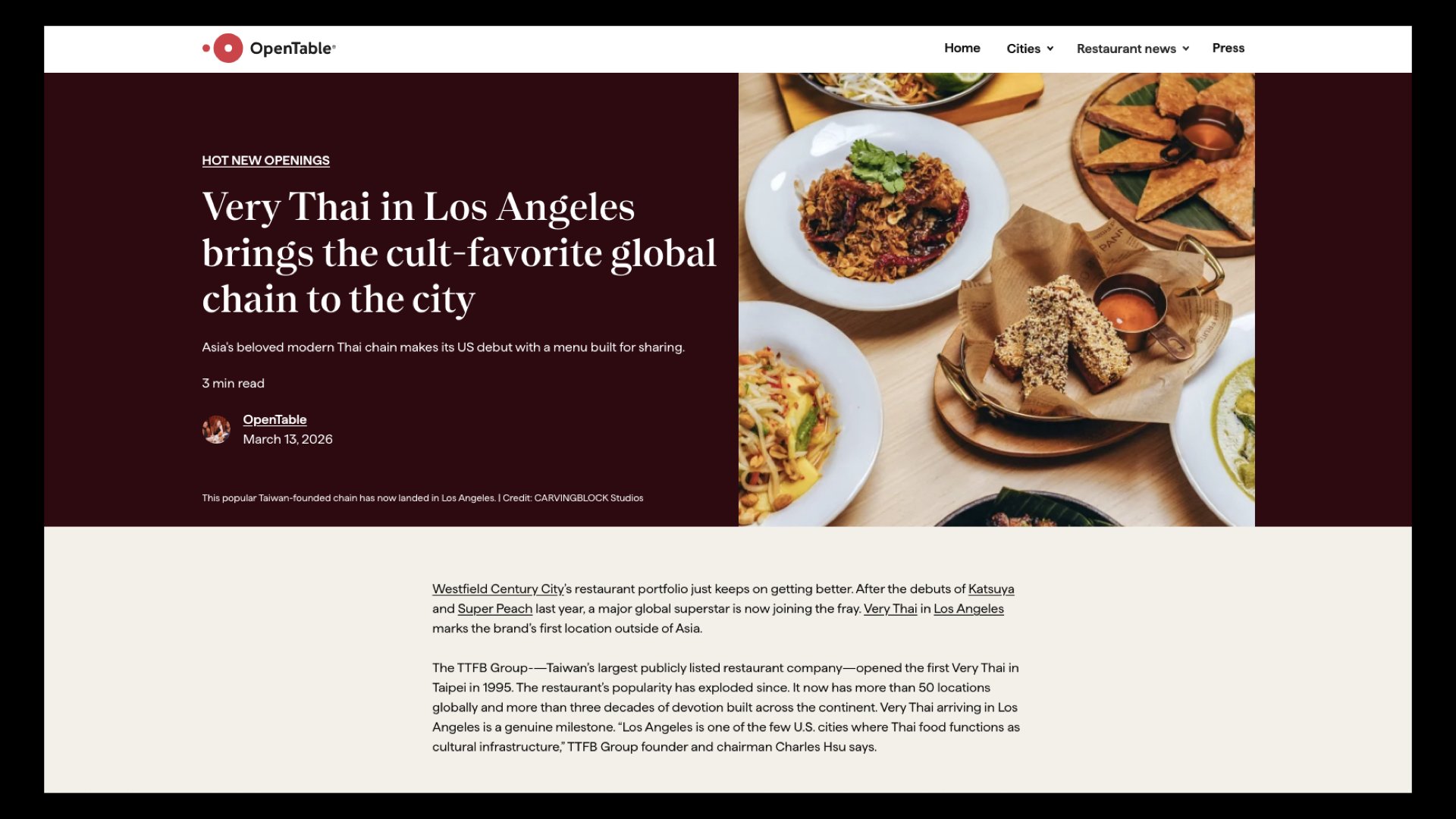 Very Thai featured on OpenTable highlighting Los Angeles opening and modern Thai sharing dishes