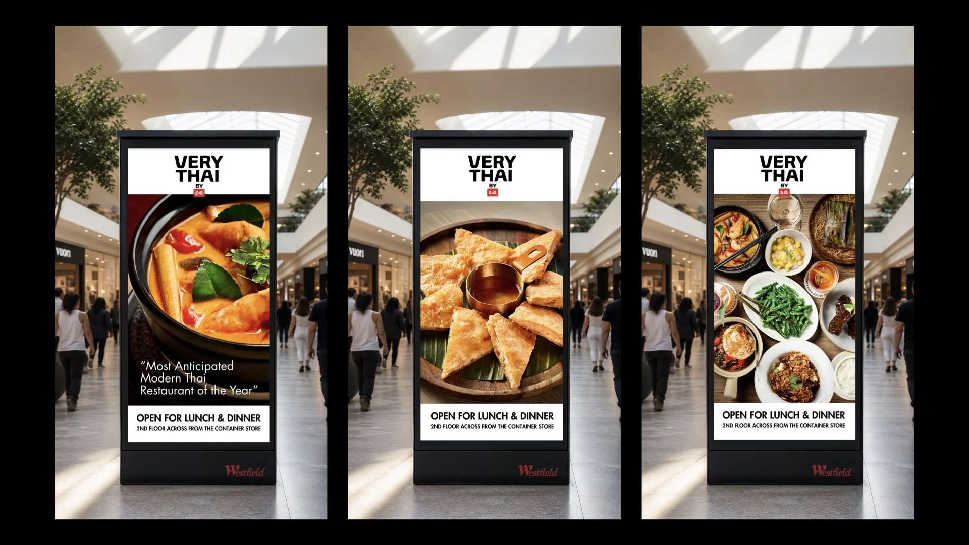 Very Thai restaurant advertisement display at Westfield Century City featuring Thai curry, Shrimp mooncake and Thai dishes