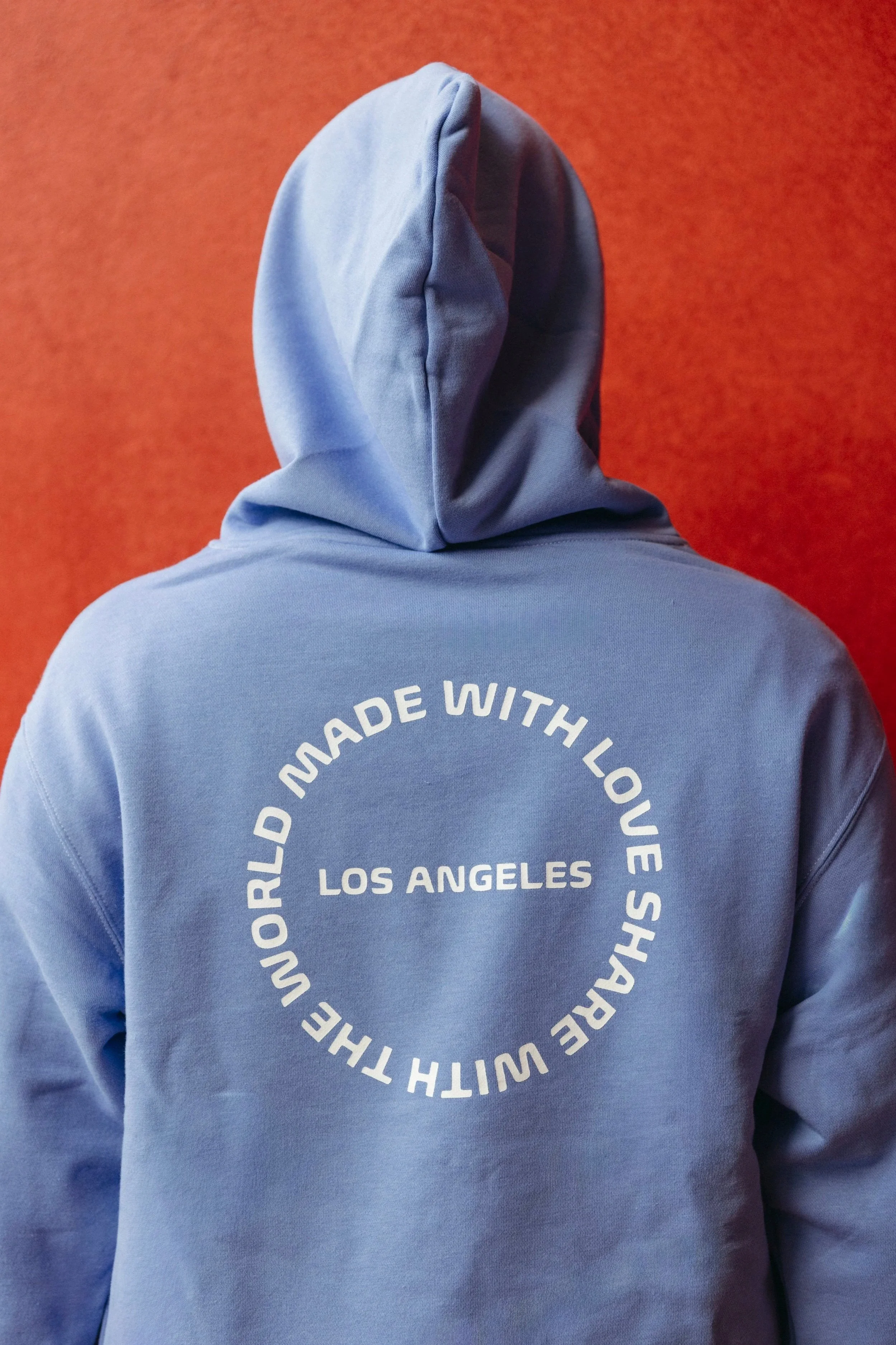 Back of a person wearing a light blue hoodie with white circular text reading "THE WORLD WITH LOUIE, LOS ANGELES" against a red background.