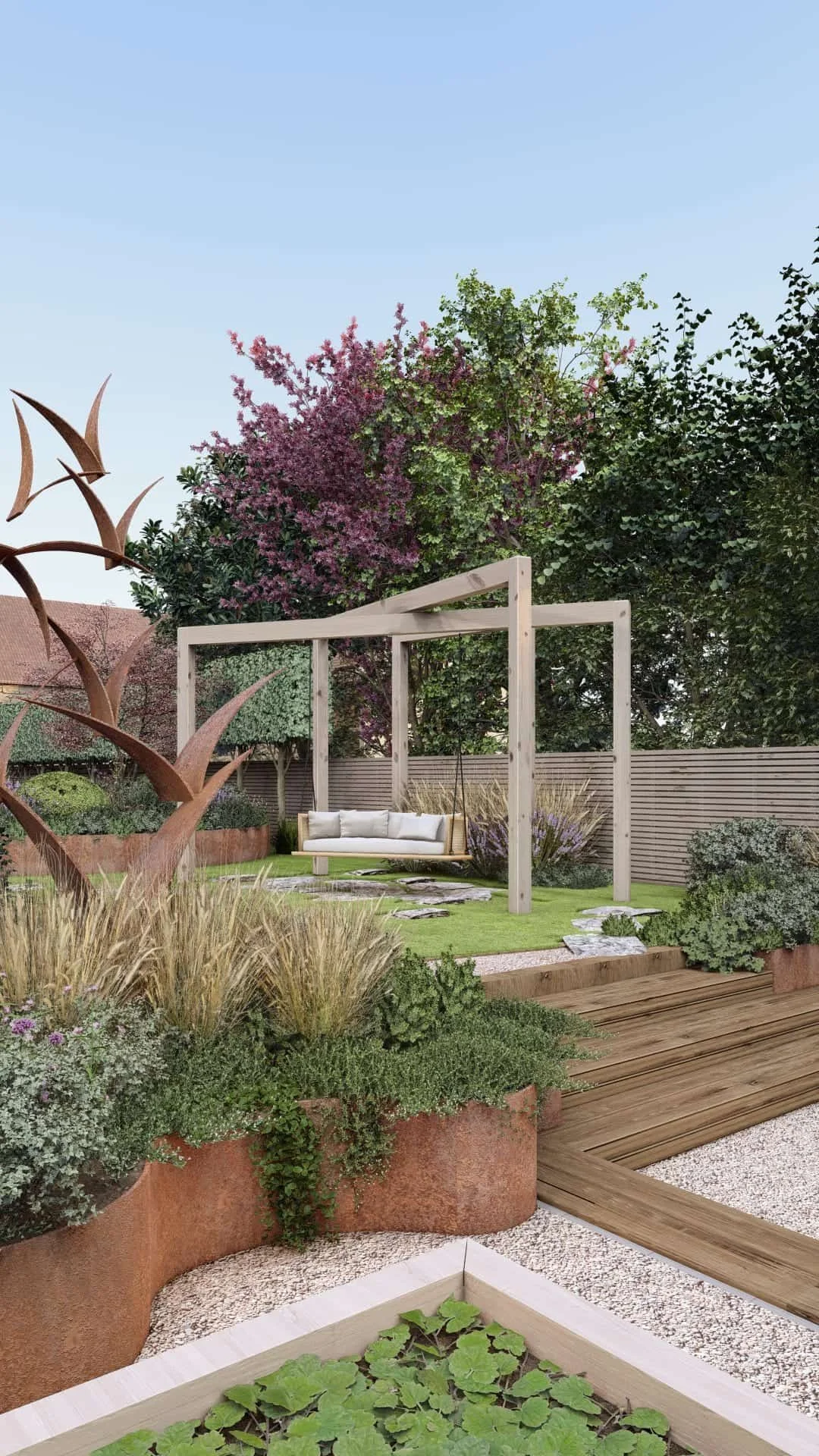 A backyard garden with a wooden swing, lush green plants, decorative stone and wooden walkways, and trees with purple and green foliage under a clear blue sky.