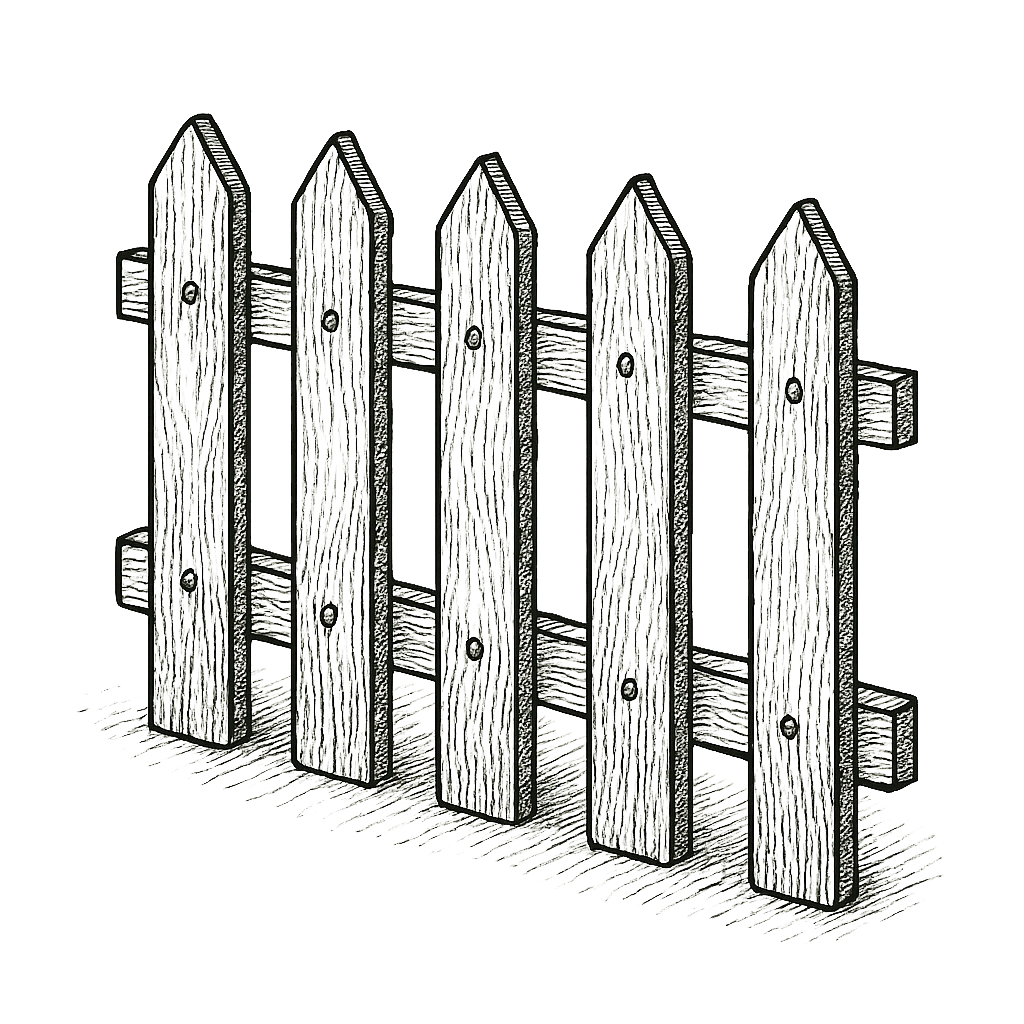 Black and white illustration of a wooden picket fence with five vertical slats and two horizontal support beams.