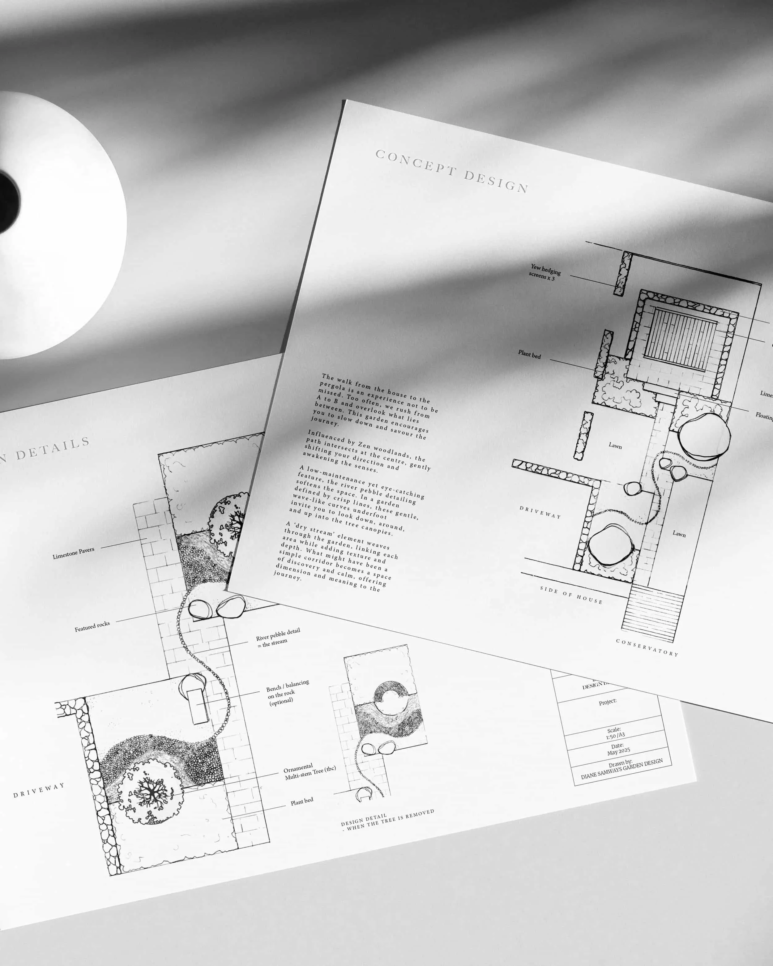 Design plans and sketches for a garden or landscape project, featuring layouts of plants, pavers, and other elements.