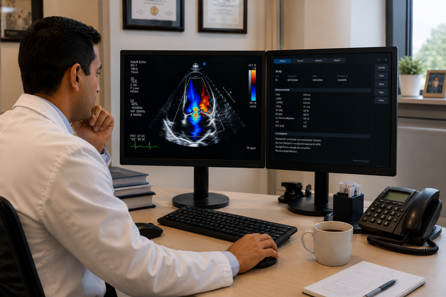 Cardiologist reading echo