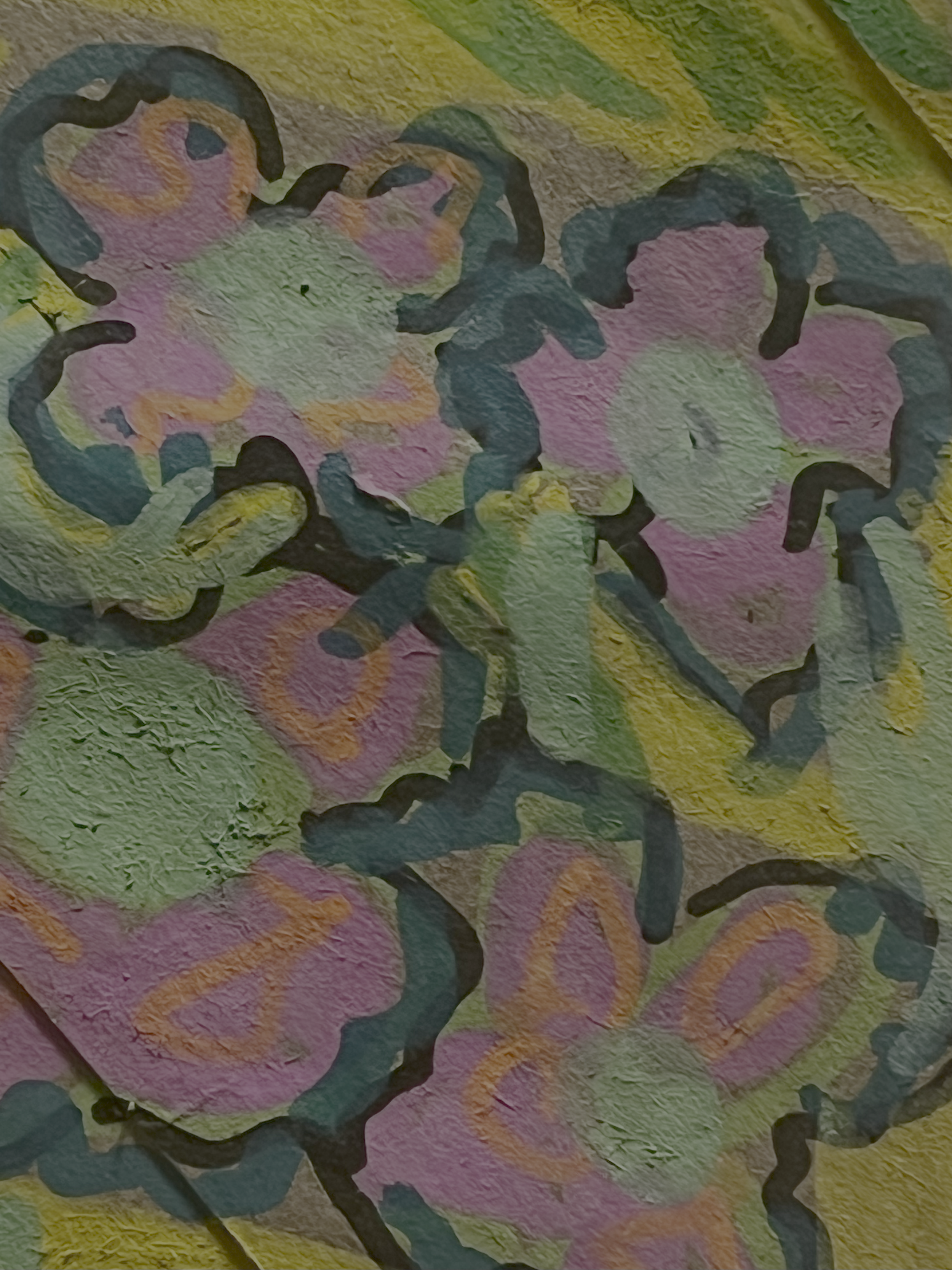 Colorful abstract painting of pink, green, orange, yellow, and black flowers with textured surface.