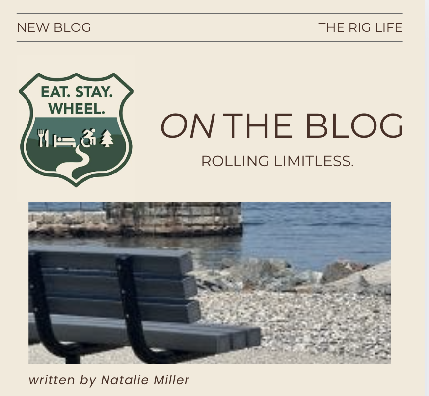 Graphic promoting a new Eat. Stay. Wheel. blog post titled “Rolling Limitless.” The design features the Eat. Stay. Wheel. shield logo with icons representing food, lodging, and wheelchair travel. Below the title is a photo of a bench facing a rocky w