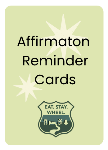 Green affirmation reminder card for affirmations, featuring star graphics and a travel-themed logo with text 'Eat. Stay. Wheel.'