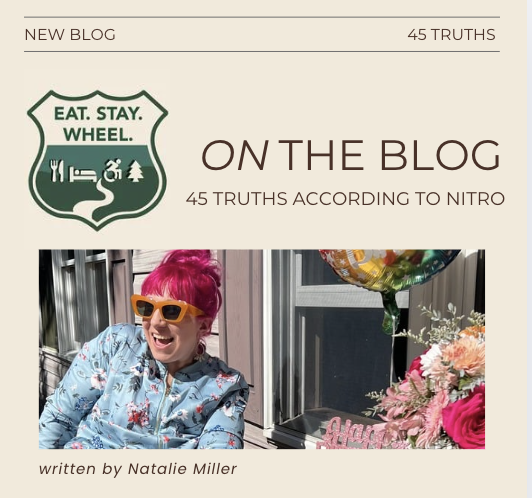 Graphic promoting a new Eat. Stay. Wheel. blog post titled “45 Truths According to Nitro.” The design features the Eat. Stay. Wheel. shield logo with icons representing food, lodging, and wheelchair travel. Below the title is a photo of a woman with 