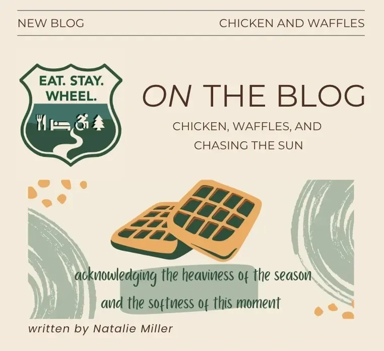 Graphic promoting a new Eat. Stay. Wheel. blog post titled “Chicken, Waffles, and Chasing the Sun.” The design features the Eat. Stay. Wheel. shield logo with icons for food, lodging, and wheelchair travel, illustrated waffles in warm tones, and soft