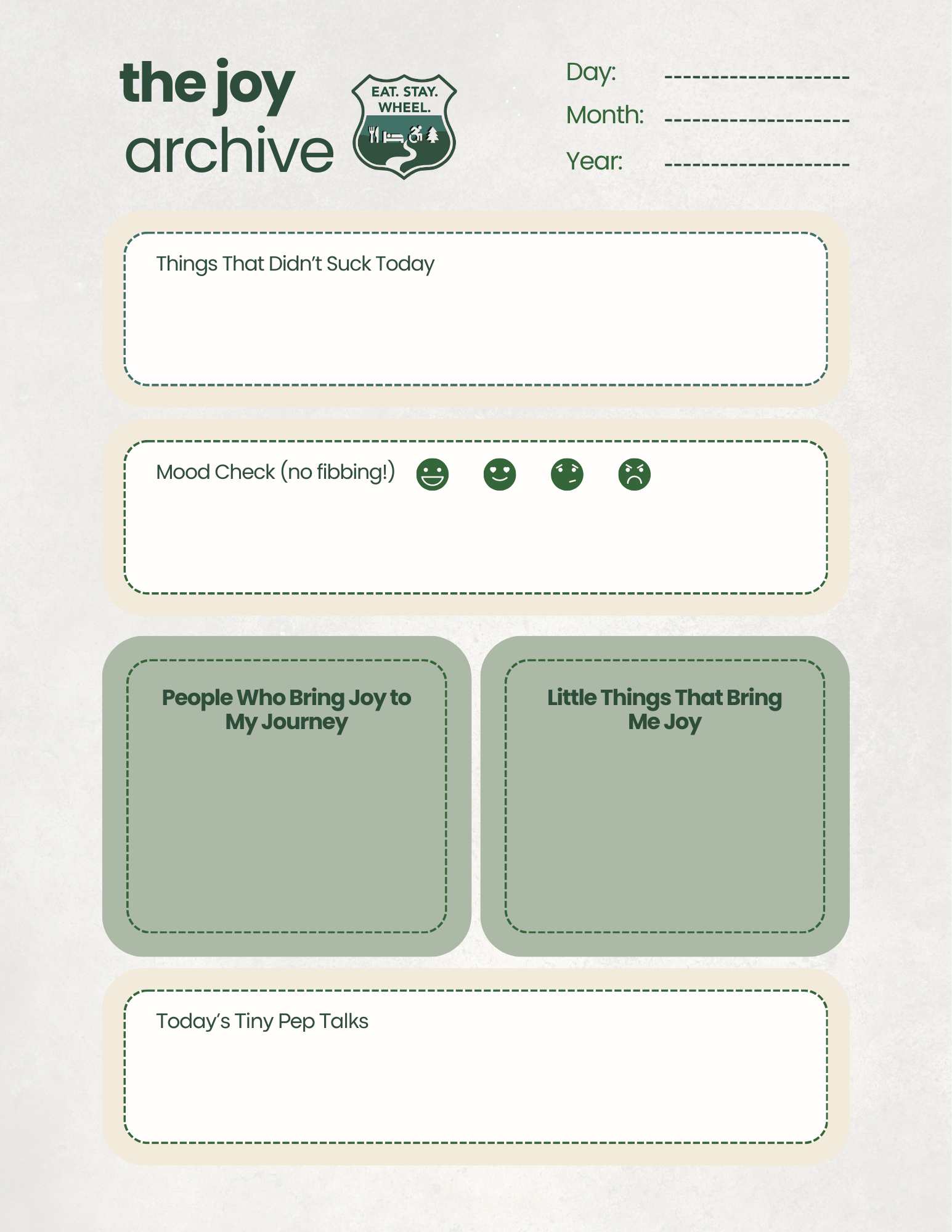 A planner page titled 'the joy archive' with sections for recording daily details, mood, joyful people, and things that bring joy, along with a logo with the words 'EAT. STAY. WHEEL.'