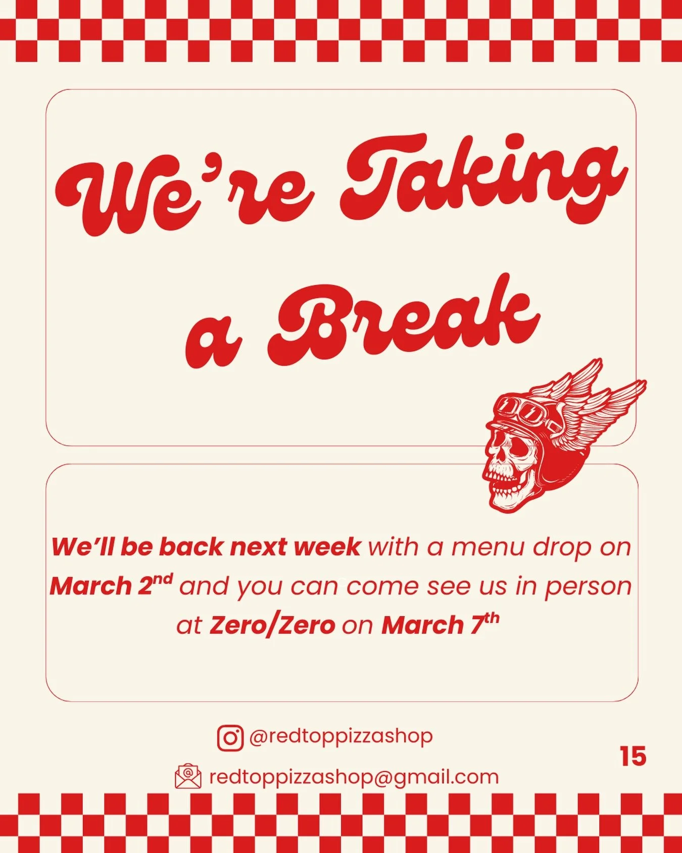 We&rsquo;re taking the week off! We can&rsquo;t wait to see you all for some pizza next week ☠️ 🍕 ⚡️

DM us if you have any questions or special requests, we&rsquo;re still here 

#detroitstylepizza #winterbreak #pizza #knoxvilleeats #maryvilletn