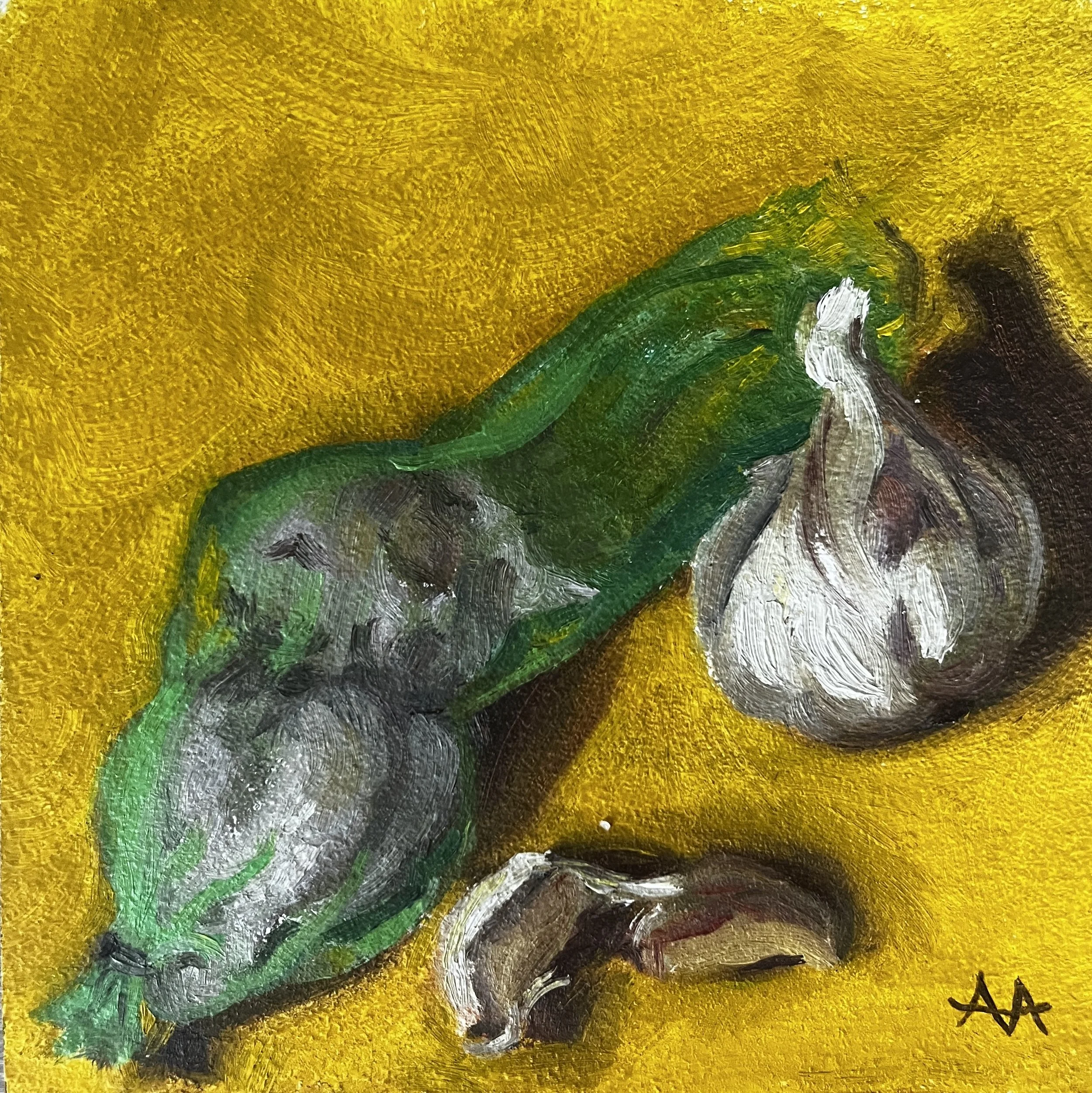 Yellow Garlic - Oil on panel 6x6 - $150