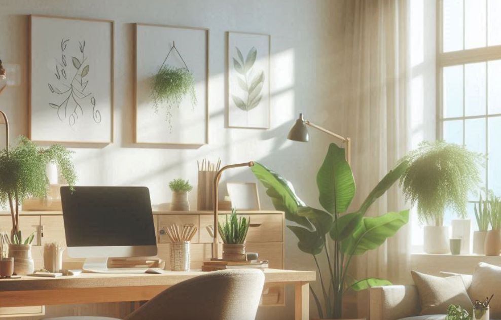 Bright, cozy home office with wooden desk, computer, green plants, framed botanical art on the wall, and large window with curtains.